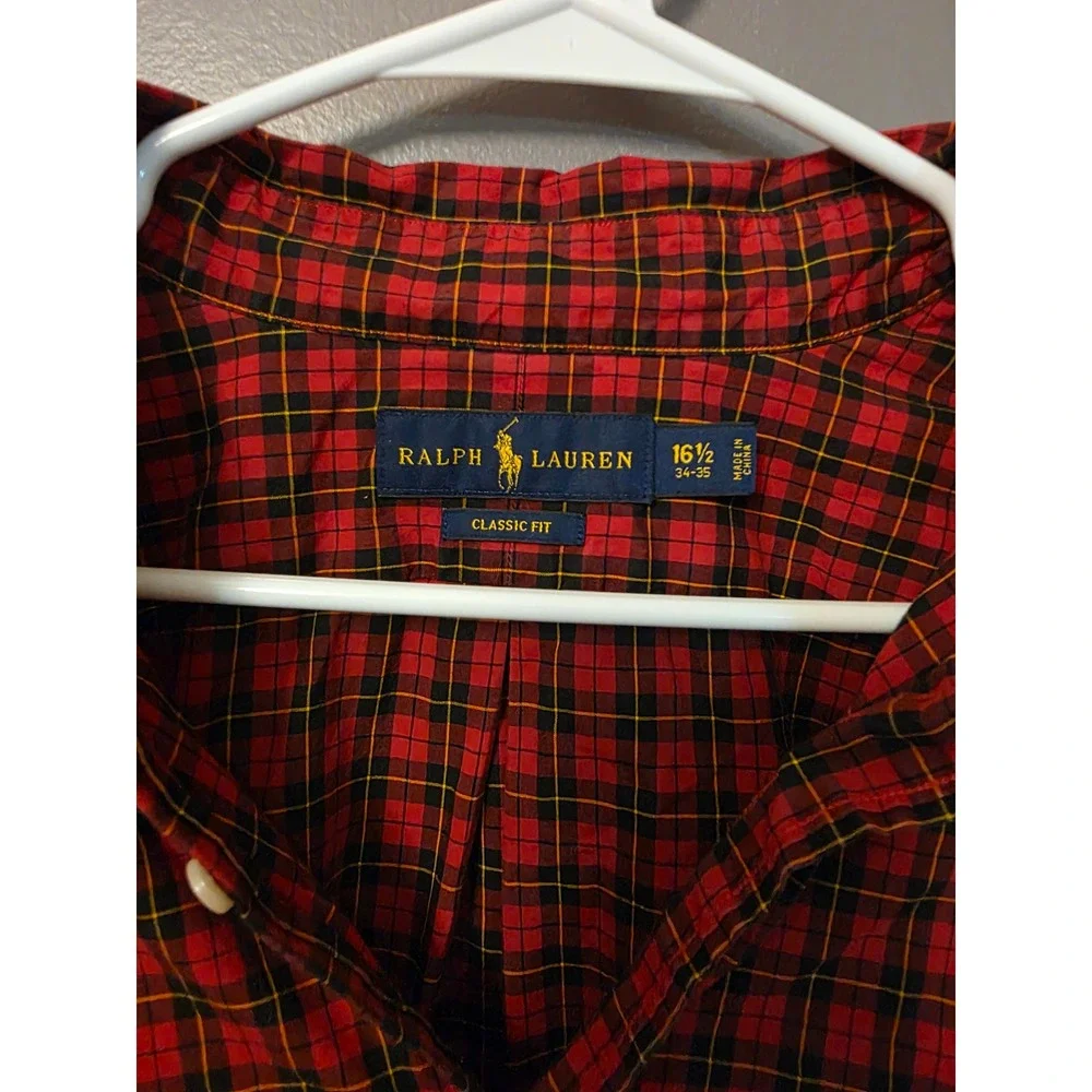 Ralph Lauren Mens Classic Fit Plaid Button Down Shirt Red Black 16.5 34-35